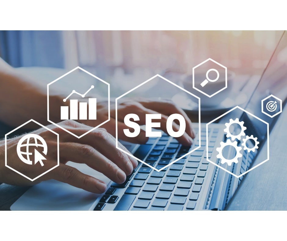 Man typing on laptop with SEO Search Engine Optimization icons.