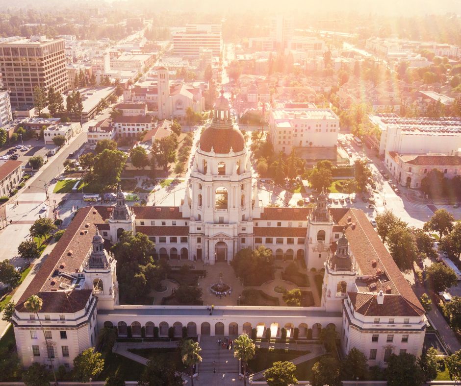 Aerial view of Pasadena Downtown with sun shining brightly.