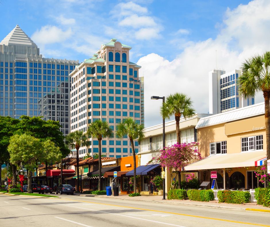 Las Olas Boulevard lined with shops and restaurants in downtown Fort Lauderdale, Florida