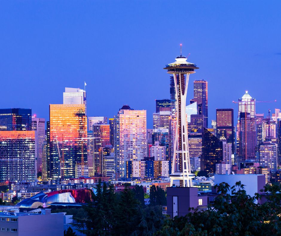 Seattle Washington Downtown Evening Skyline featuring Space Needle.
